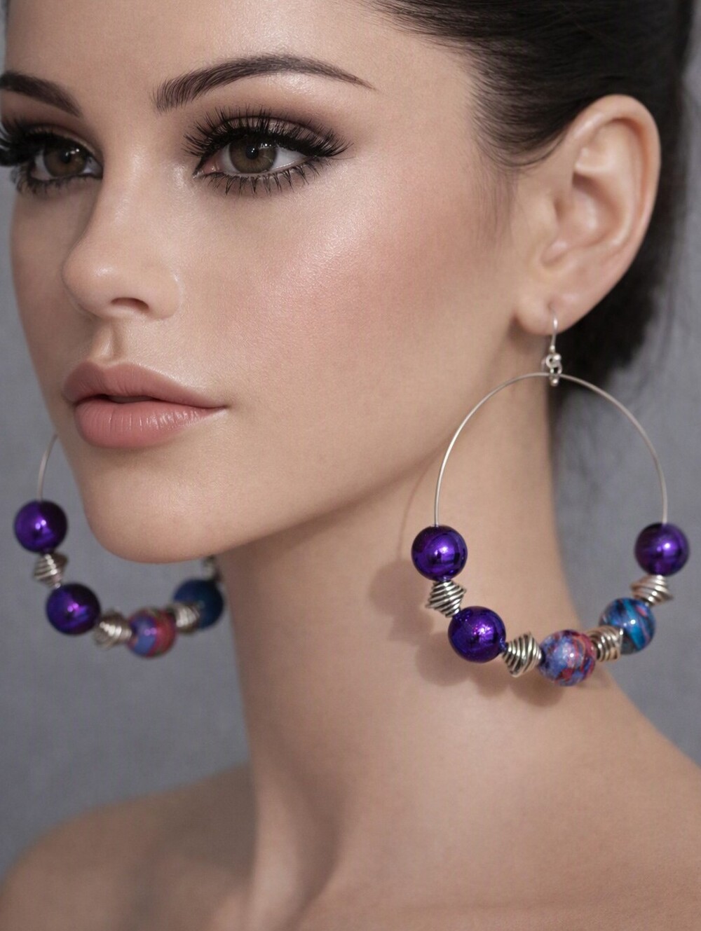 Colorful Purple Multi-Bead Large Hoop Earrings – Big Bold Women’ Fashion Jewelry